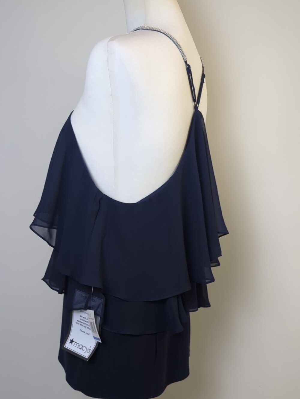 NWT MSK Navy Blue Rhinestone Halter Tiered Chiffon Top Rosette Blouse XL - Picture 11 of 15